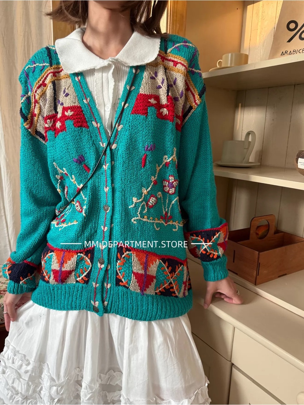 New Hand Knit Vintage style Silk Blend Patterned V-Neck Cardigan Size M